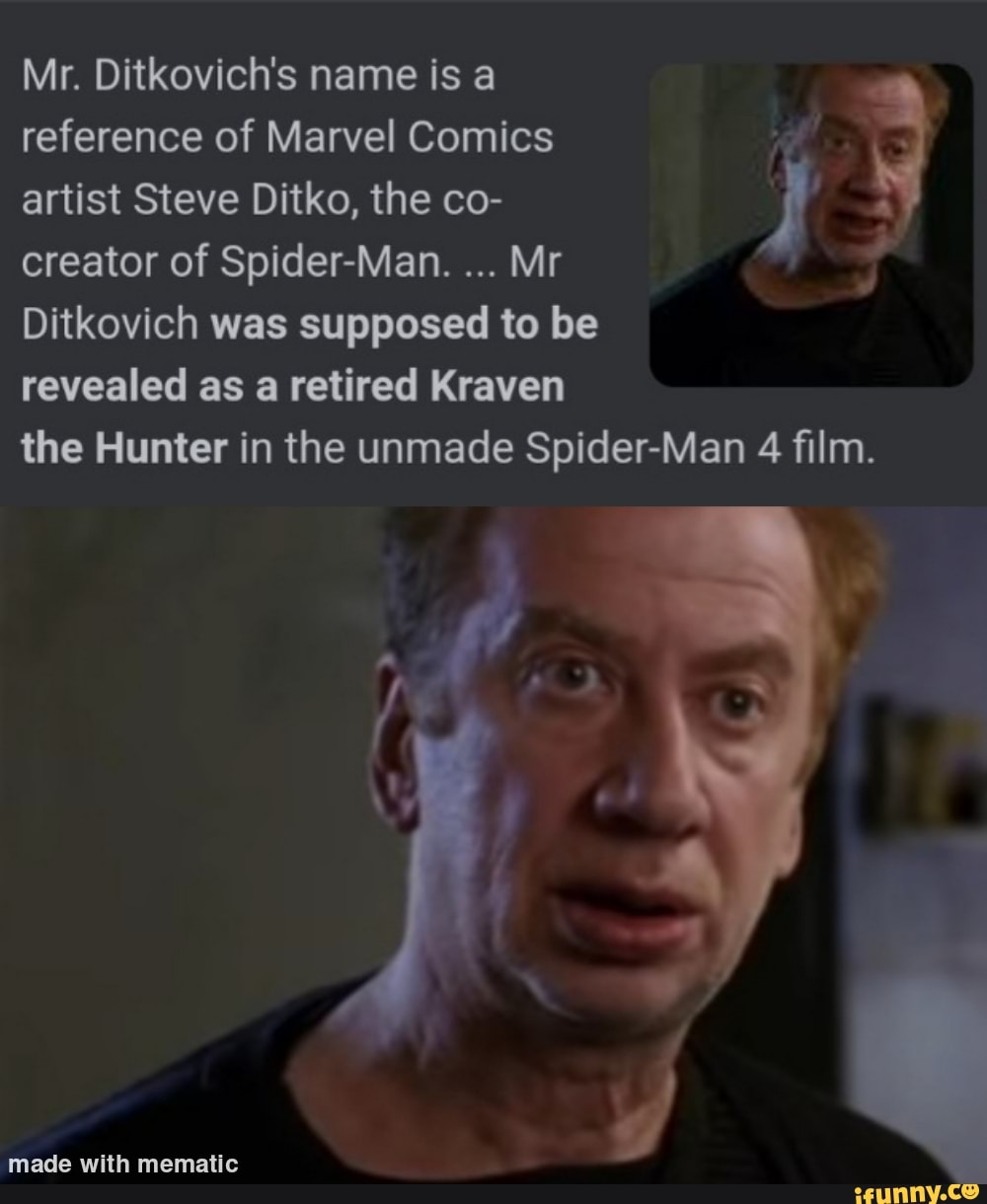 Mr. Ditkovich's name is a reference of Marvel Comics artist Steve Ditko,  the co- creator of