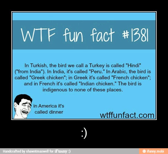 In Turkish, the bird we call a Turkey is called "Hindi"
("from India"). In India, it's called "Peru." In Arabic, the bird is
called "Greek chicken"; in Greek it's called "French chicken":
and in French it's called "Indian chicken." The bird is
indigenous to none of these places. called dinner
wtffunfact.com - :)