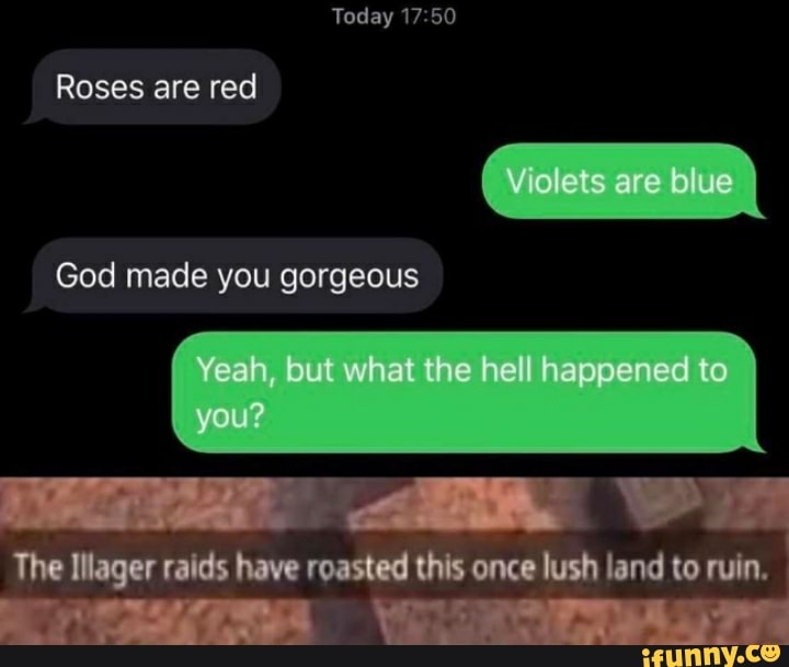 Roses are red
God made you gorgeous
win
The Illager raids have roasted this once lush land to ruin.