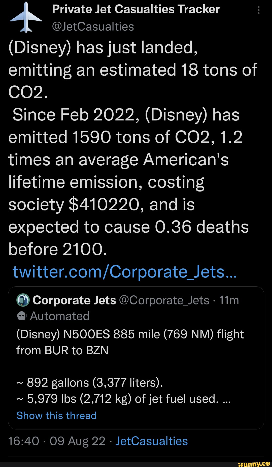 Private Jet Casualties Tracker JetCasualties (Disney) has just landed, emitting an estimated 18