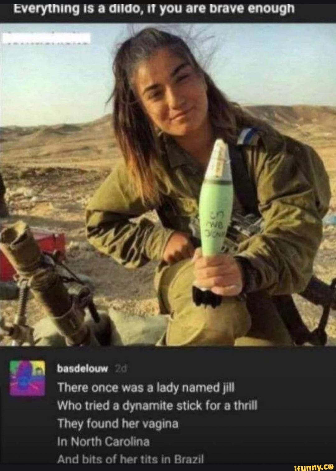 Everytning IS a dildo, it you are Brave enougn
basdetouw
There once was a lady named jill
Who tried a dynamite stick for a thrill
They found her vagina
In North Carolina
And bits of her tits in Brazil