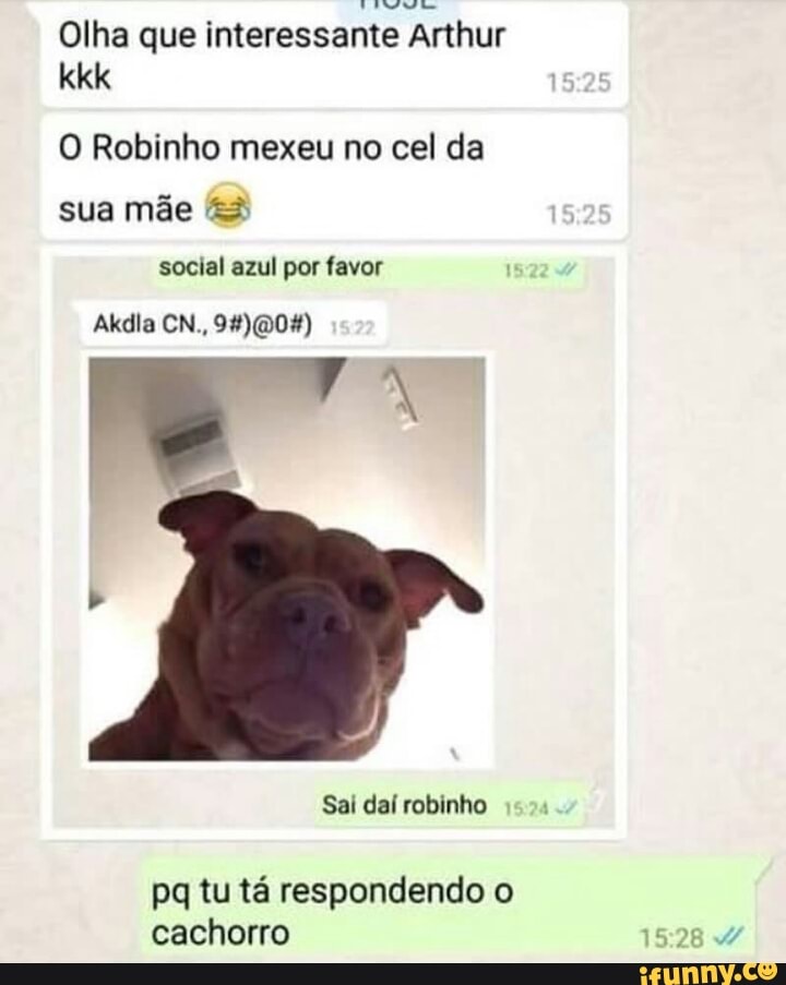 Olha que interessante Arthur
O Robinho mexeu no cel da
TE Rate
social azul por favor
pq tu ta respondendo o
cachorro