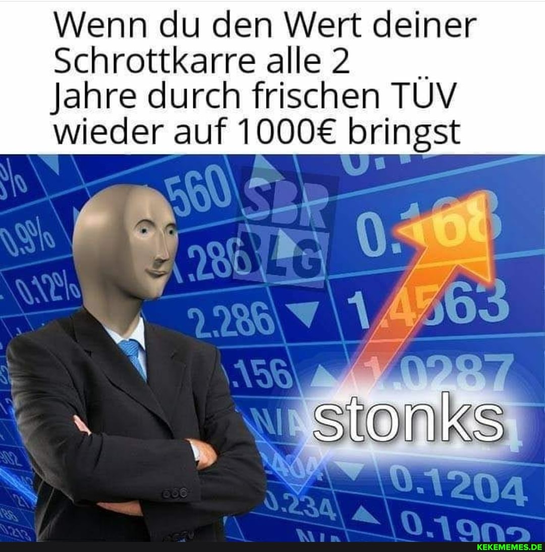 Wenn du den Wert deiner
Schrottkarre alle 2
Jahre durch frischen TUV wieder auf bringst
stonks
1204