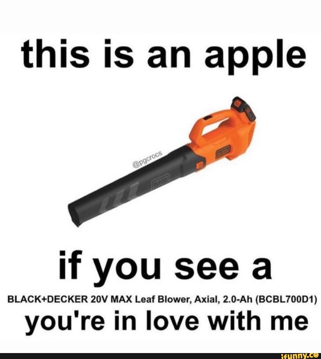 This is an apple if you see a MAX Leaf Blower, Axial, 2.0Ah (BCBL700D1) you're in love with me