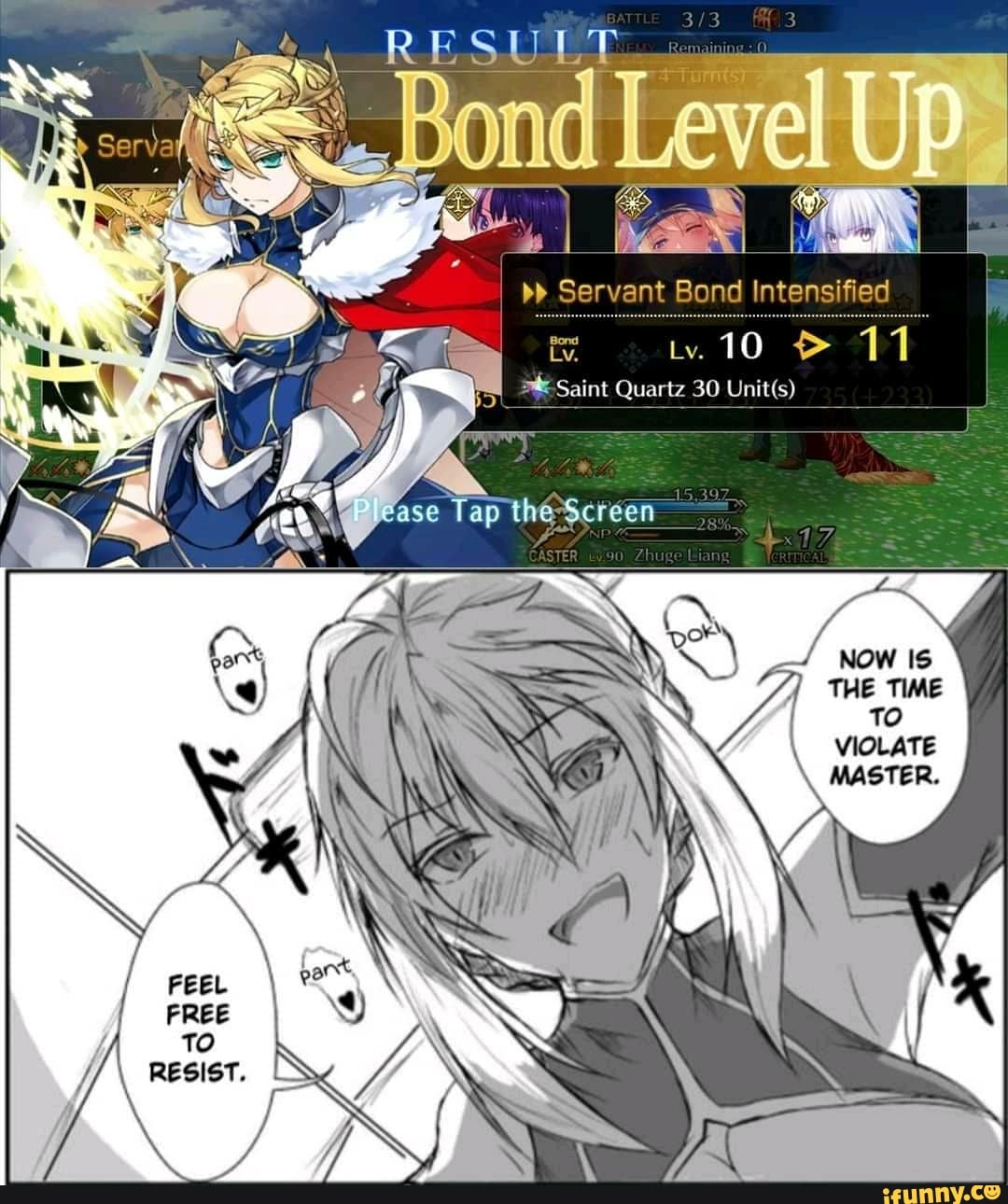 RESULT
Level Up
CASTER
creen--
Servant Bond intensified
iw.10
Quartz 30