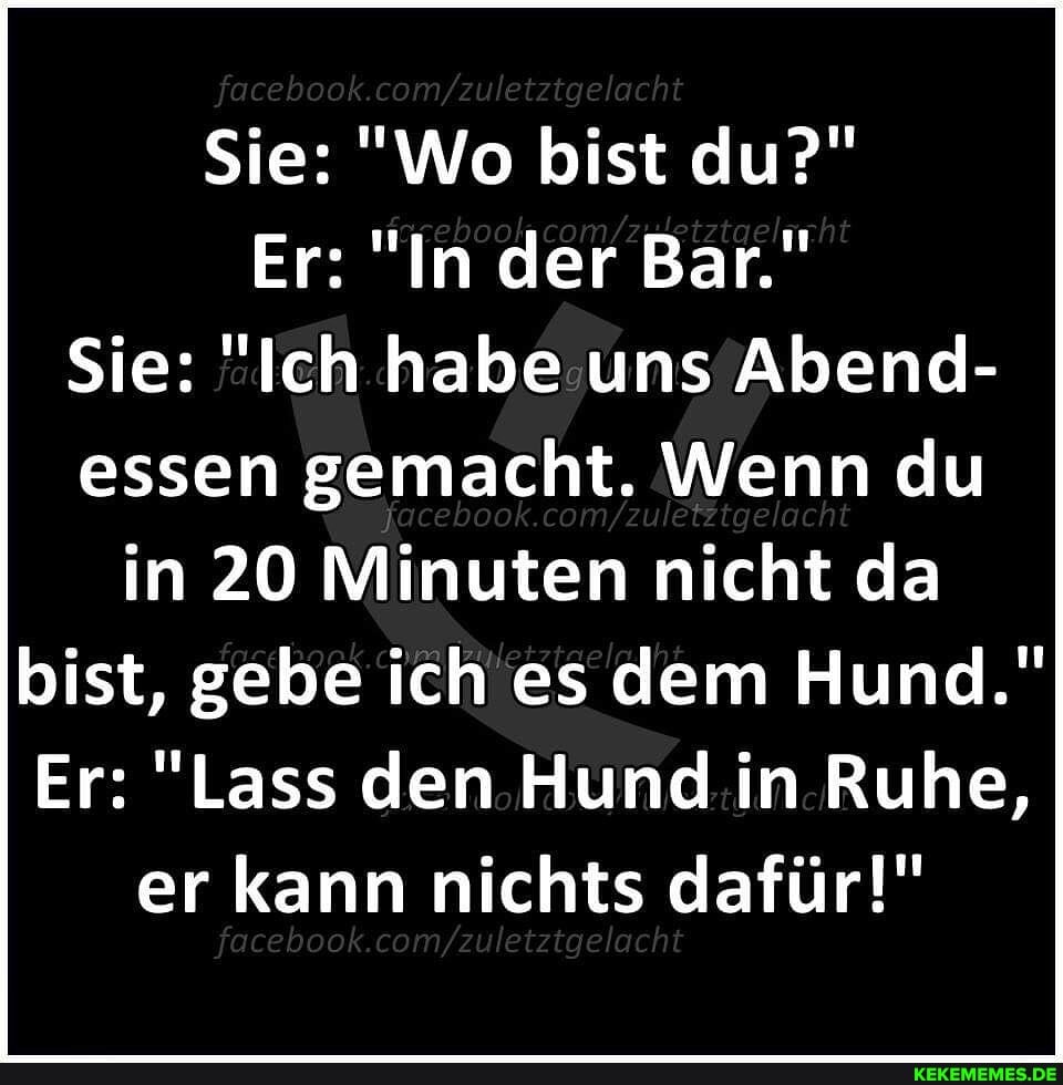 com/ acht
Sie: "Wo bist du?"
Er: "In der Bar."
Sie: "Ich habe uns Abend- essen gemacht. Wenn du in 20 Minuten nicht da bist, gebe ich es dem Hund."
Er: "Lass den Hund in Ruhe, er kann nichts dafür!"
fa ebook om >u