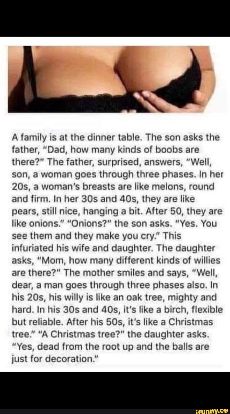 A family is at the dinner table. The son asks the father, “Dad
