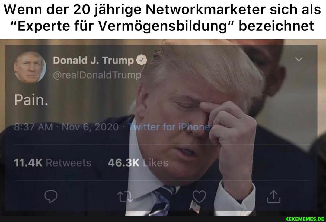 Wenn der 20 jährige Networkmarketer sich als
"Experte für Vermögensbildung" bezeichnet
Donald J. Trump&
Pain.