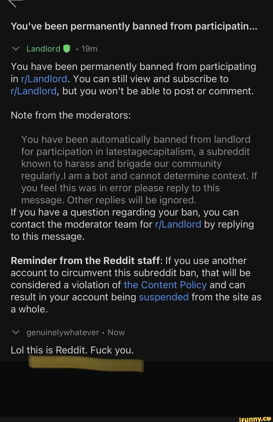 SS You've been permanently banned from participatin... Landlord You