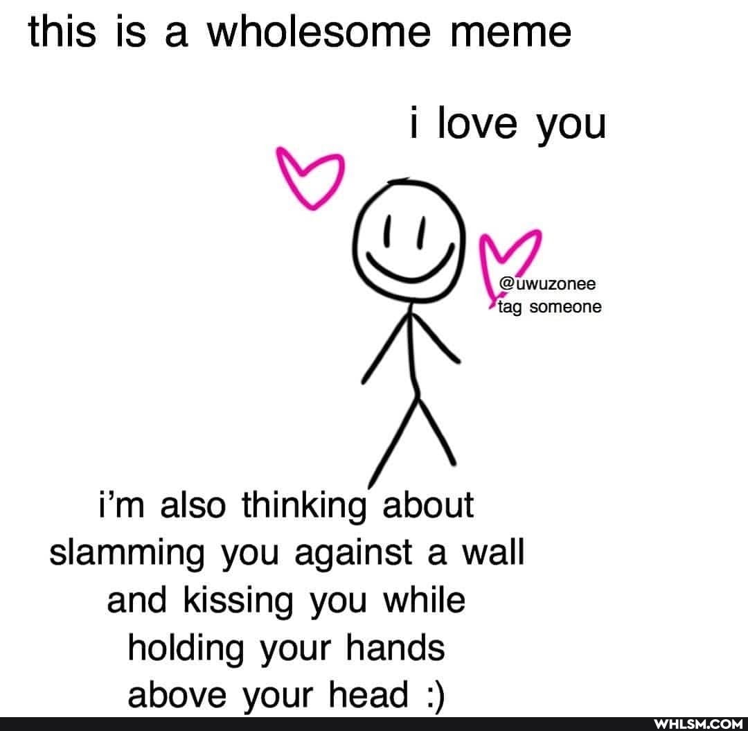 this is a wholesome meme
love you
tag someone
i'm also thinking about slamming you against a wall and kissing you while holding your hands
ahove voiur head