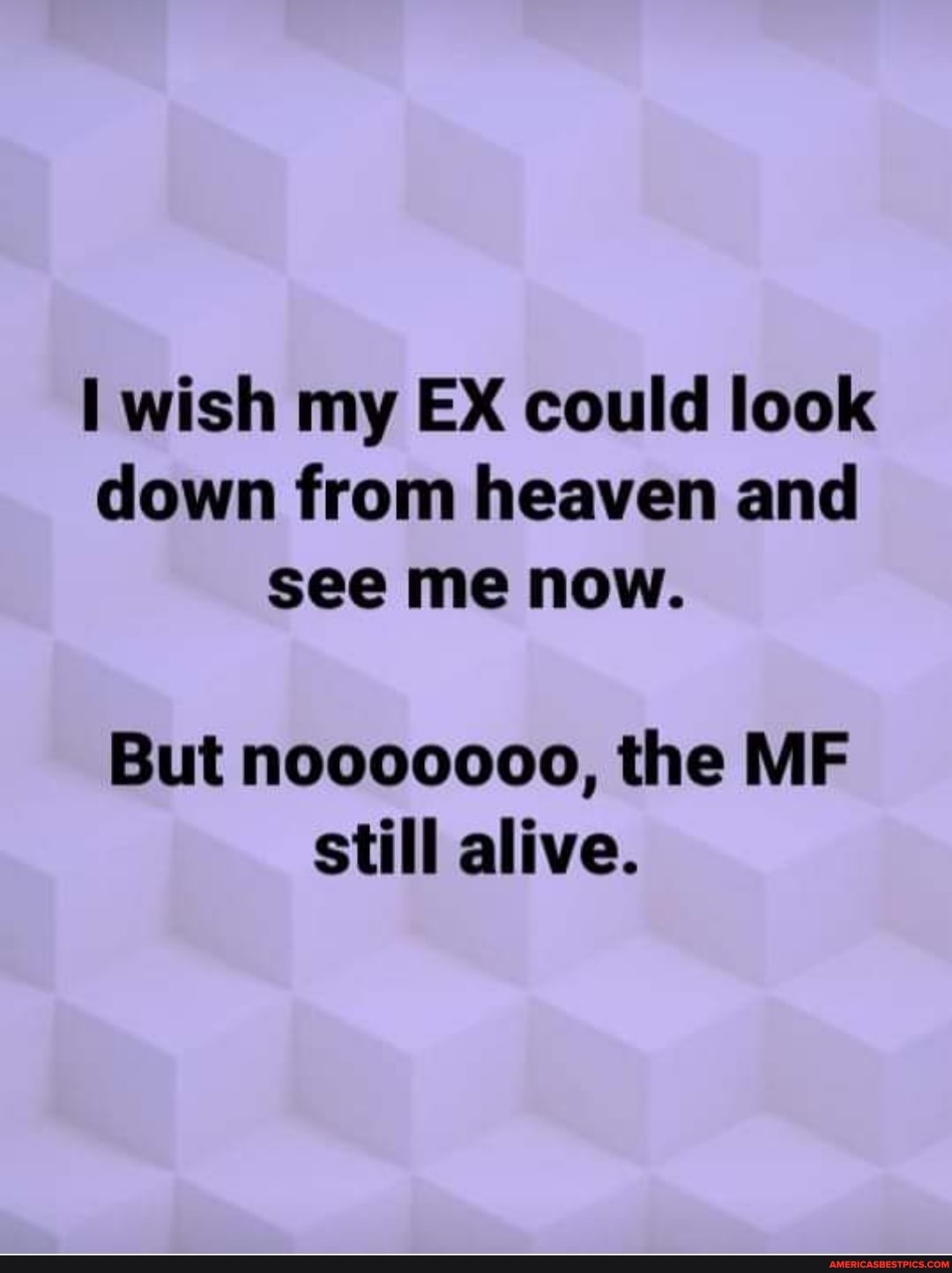 I wish my EX could look down from heaven and see me now.
But nooooooo, the MF still alive.