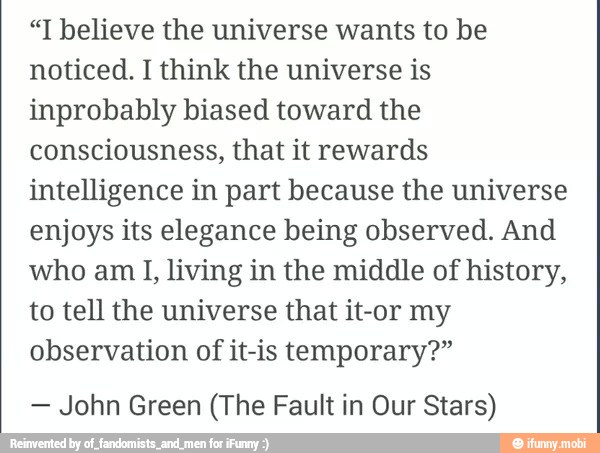 "I believe the universe wants to be
noticed. I think the universe is
inprobably biased toward the
consciousness, that it rewards
intelligence in part because the universe
enjoys its elegance being observed. And
who am I, living in the middle of history,
to tell the universe that it-or my
observation of it-is temporary?"
John Green (The Fault in Our Stars)