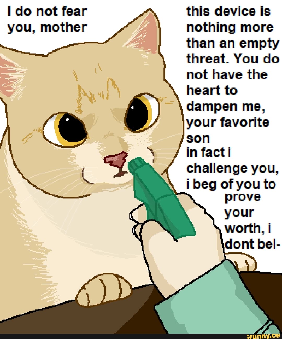 this device is nothing more than an empty threat. You do not have the heart to
dampen me, your favorite son
in fact i challenge you, i beg of you to prove your worth, i dont bel-
I do not fear you, mother