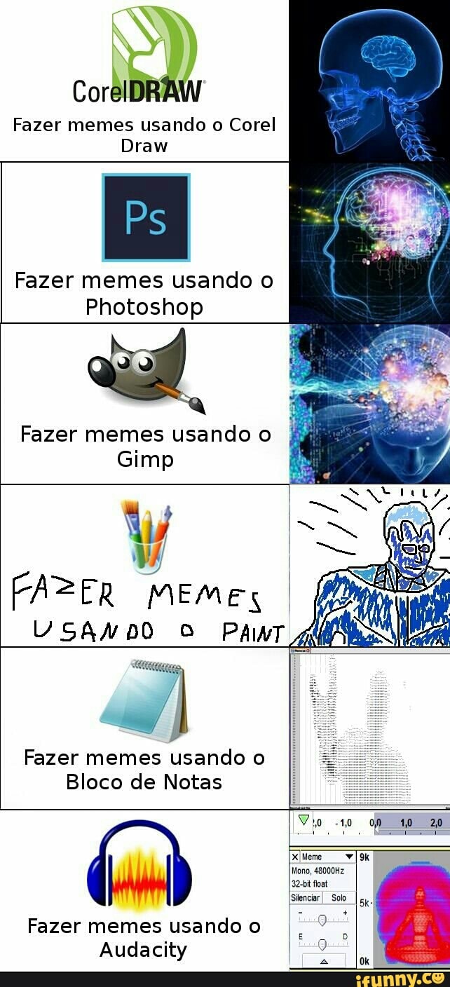 CorelDRAW
Fazer memes usando o Corel
Fazer memes usando o
Photoshop
Fazer memes usando o
FAZER MEMES
Fazer memes usando o
Bloco de Notas
Vio
I
Mono, 48000Hz
32-bit oat
SienciarI Sob