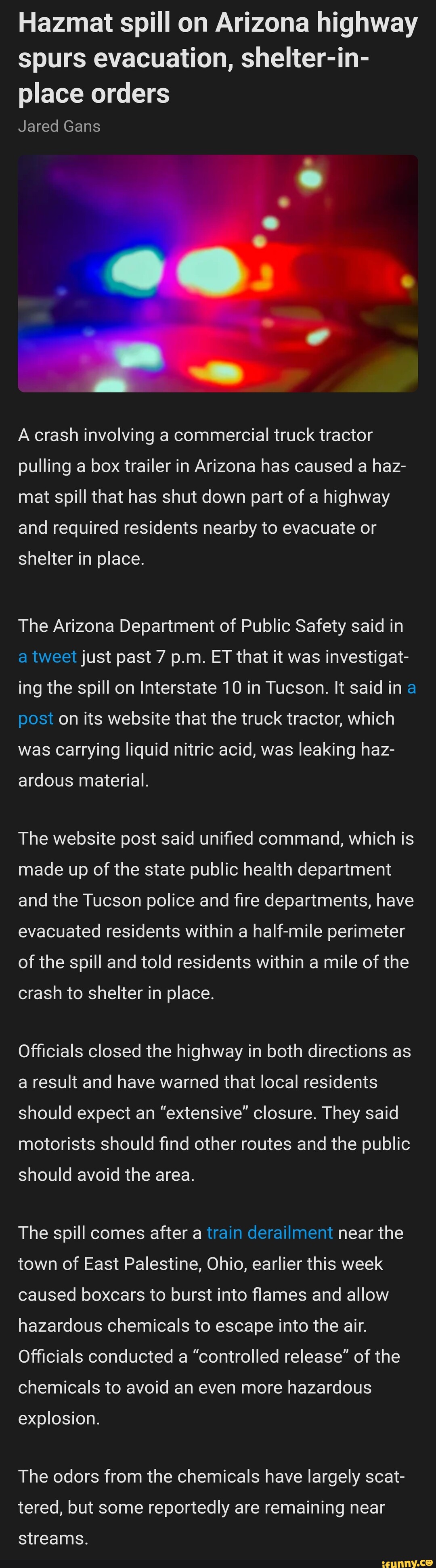 Hazmat spill on Arizona highway spurs evacuation, shelterin place