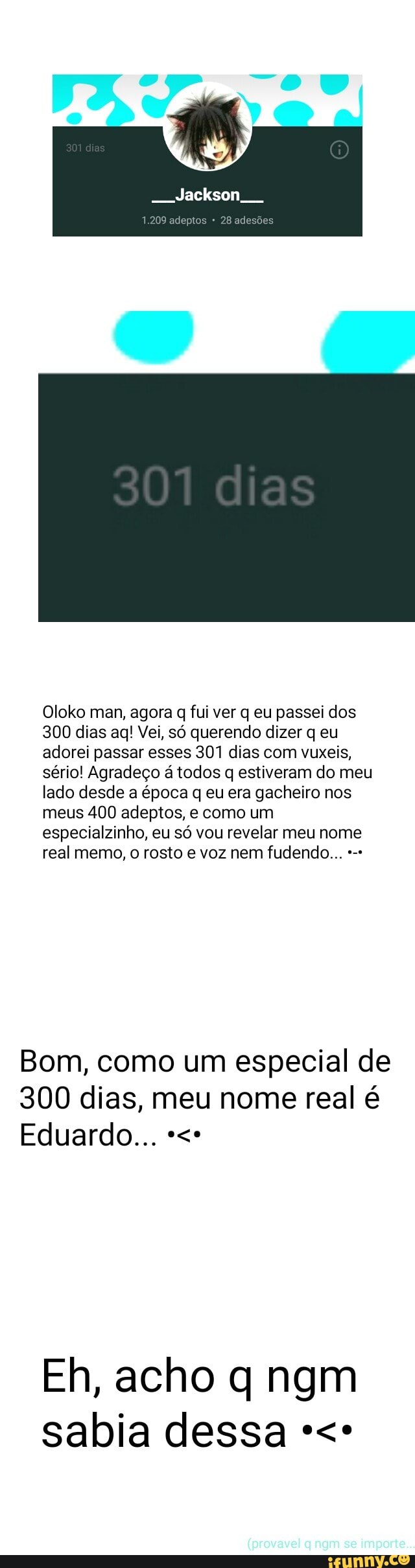 Oloko man, agora q fui ver q eu passei dos
300 dias aq! Vei, só querendo dizer q eu
adorei passar esses 301 dias com vuxeis,
sério! Agradeço á todos q estiveram do meu
lado desde a época q eu era gacheiro nos
meus 400 adeptos, e como um
especialzinho, só revelar