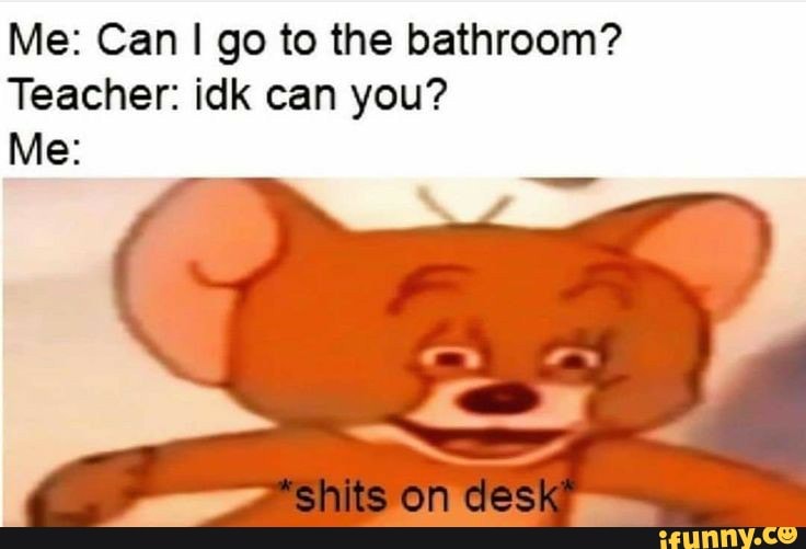 Me Can go to the bathroom? Teacher idk can you? Me *shits on desk