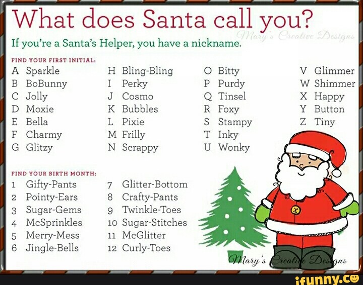 What Does Santa Call You If You Re A Santa S Helper You Have Nickname F G Charmy Glitzy Mm You Rm Noun Gifty Pants Pointyrears Sugar Gems Mcsprinkles Merreress Jingle Bells Frilly Scrappy Glitter Bottom Crafty Pants