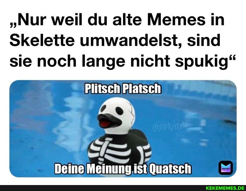 "Nur weil du alte Memes in
Skelette umwandelst, sind sie noch lange nicht spukig"
Plitsch Platsch
Deine Meinung ist Quatsch