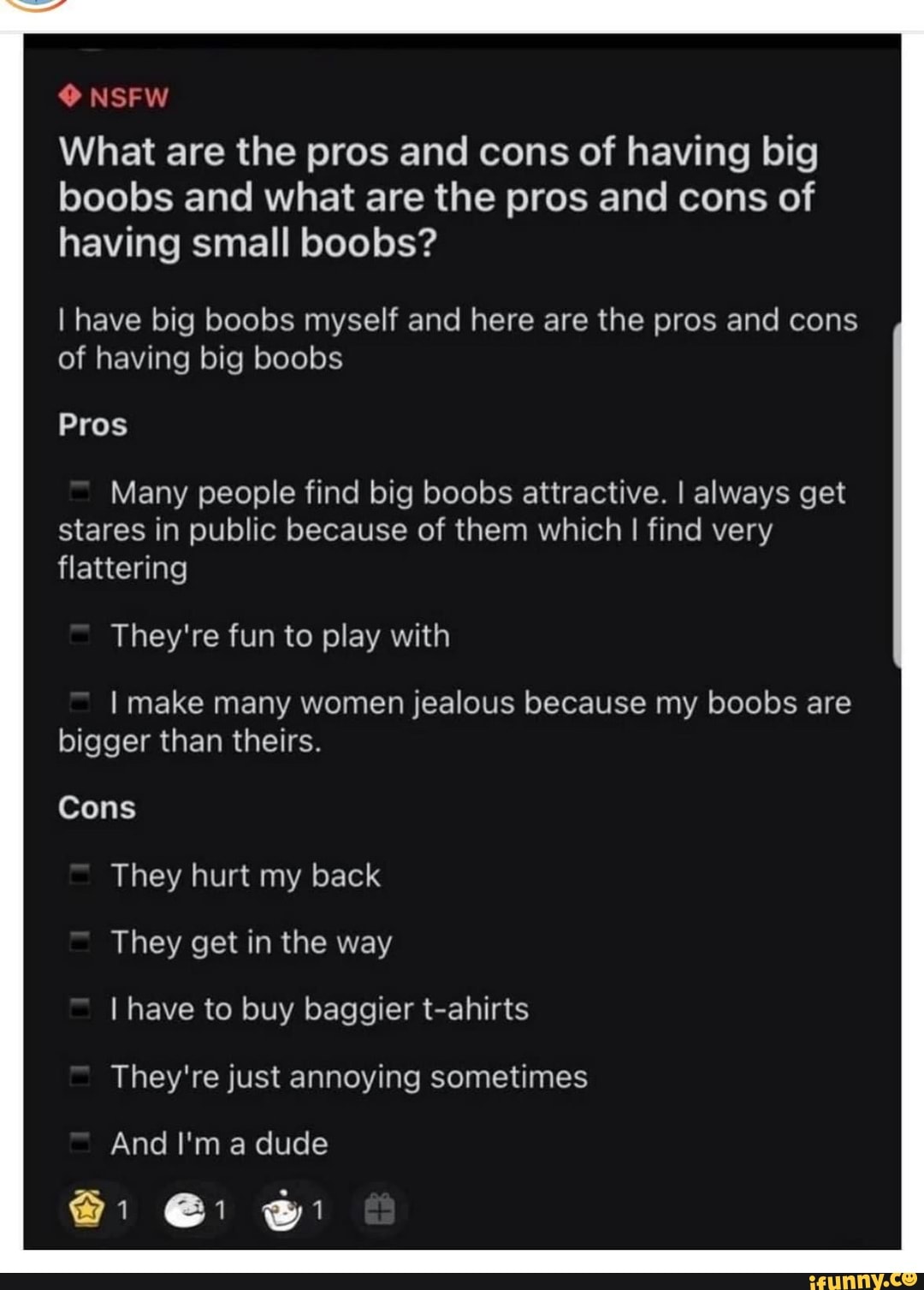 NSFW What are the pros and cons of having big boobs and what are the pros