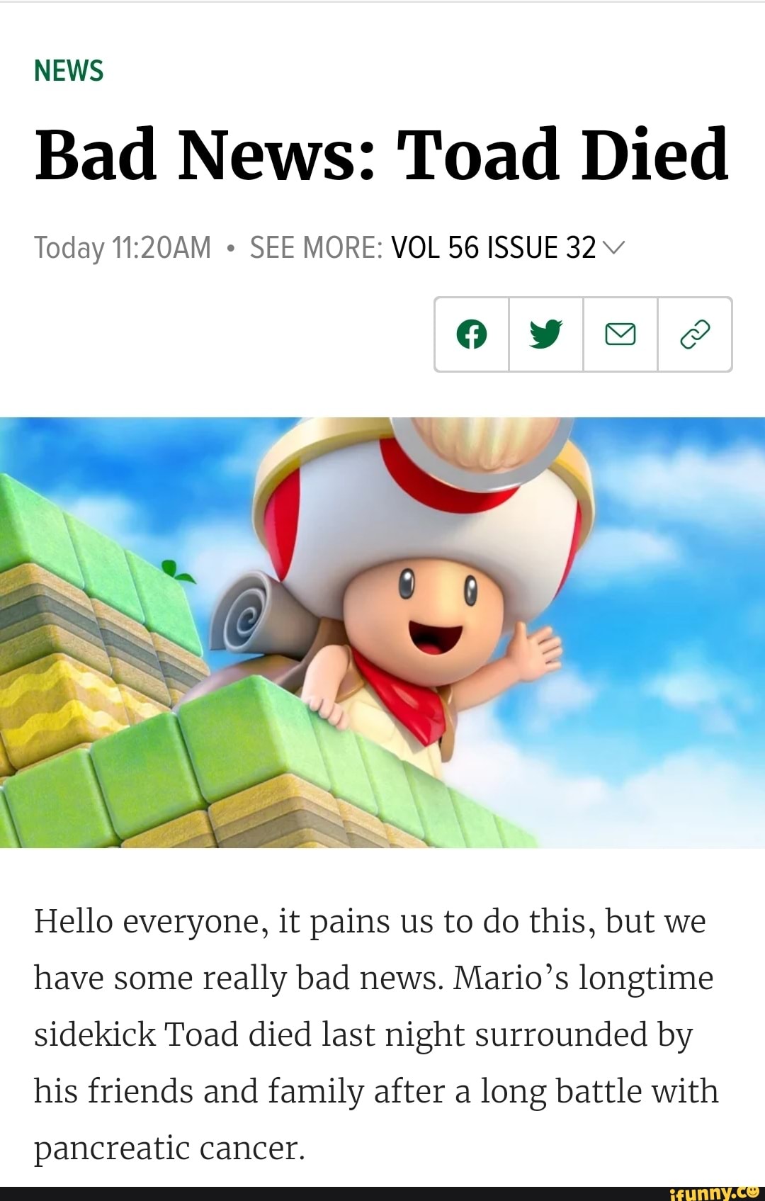 NEWS
Bad News: Toad Died
Today SEE MORE: VOL 56 ISSUE 32
Hello everyone, it pains us to do this, but we
have some really bad news. Mario's longtime sidekick Toad died last night surrounded by his friends and family after a long battle with
pancreatic cancer.