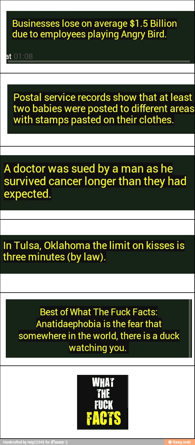 Businesses lose on average $1.5 Billion
due to employees playing Angry Bird.
Postal service records show that at least
two babies were posted to different areas
with stamps pasted on their clothes.
A doctor was sued by a man as he
survived cancer longer than they had
expected.
In Tulsa, Oklahoma the limit on kisses is
three minutes (by law).
Best of What The Fuck Facts:
Anatidaephobia is the fear that
somewhere in the world, there is a duck
watching you.