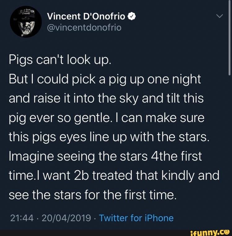 129 Vincentdonofrio Pigs Can T Look Up But I Could Pick A Pig Up One Night And Raise It Into The Sky And Tilt This Pig Ever So Gentle I Can Make Sure