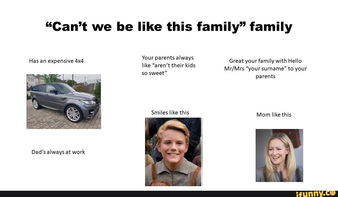 "Can't we be like this family" family
Your parents always like "aren't their kids so sweet"
Has an expensive
Great your family with Hello
"your surname" to your parents
Smiles like this Mom like this
Dad's always at work