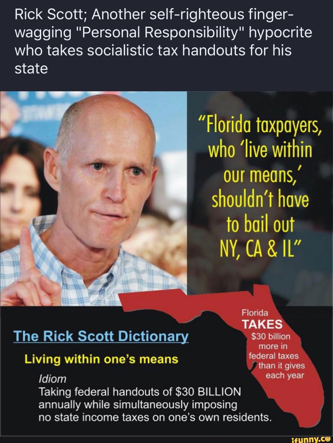 Rick Scott; Another self-righteous finger-
wagging "Personal Responsibility" hypocrite
who takes socialistic tax handouts for his
state
"Florida taxpayers,
who 'live within
our means,'
shouldn't have
bail
E
TAKES
billion
more in
federal taxes
than it gives
each year
Living within one's means
Idiom
Taking federal handouts of $30 BILLION
annually while simultaneously imposing
no state income taxes on one's own residents.