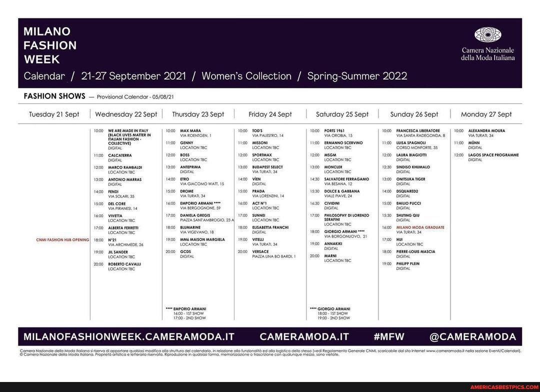 Milano Fashion Week Calendar / 21-27 September 2021 / Women's Collection Spring-Summer 2022 Fashion Shows - Provisional