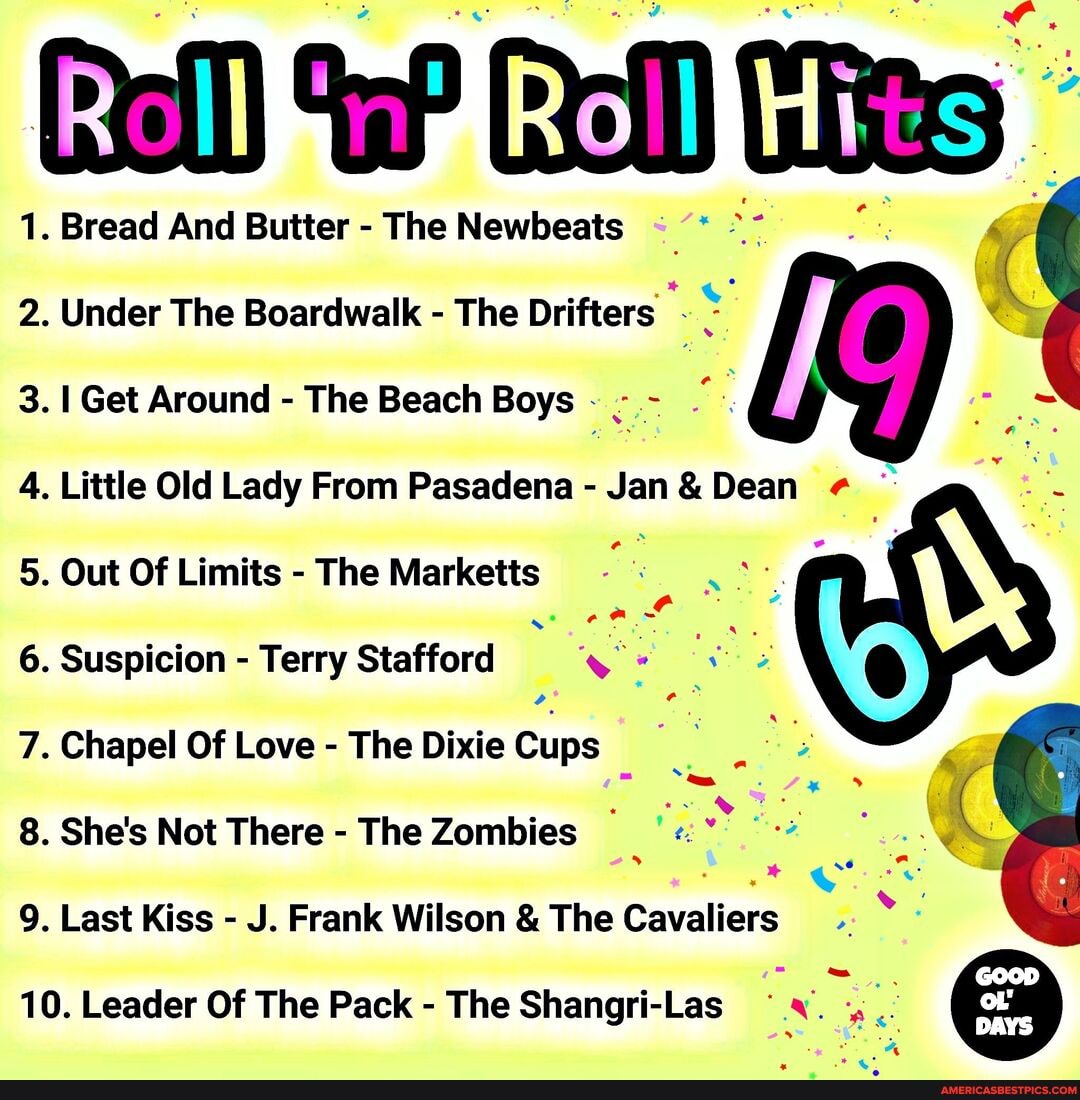 1. Bread And Butter - The Newbeats
2. Under The Boardwalk - The Drifters
3. I Get Around - The Beach Boys
4. Little Old Lady From Pasadena - Jan& Dean
5. Out Of Limits - The Marketts
6. Suspicion - Terry Stafford
7. Chapel Of Love - The Dixie Cups
8. She's Not There- The Zombies
9. Last Kiss - J. Frank Wilson & The Cavaliers
Goop
od
10. Leader Of The Pack - The Shangri-Las