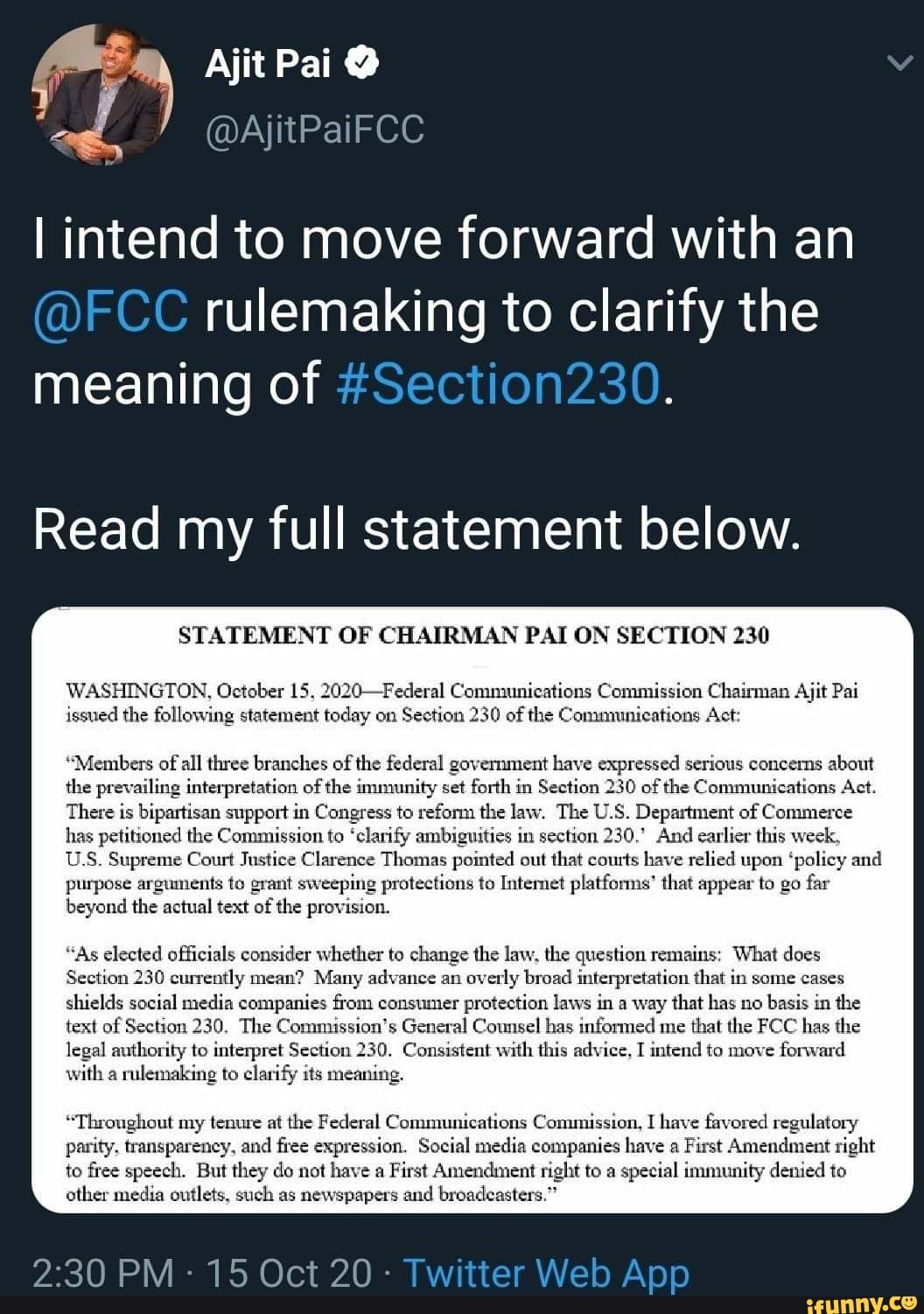 Ajit Pai J AjitPaiFCC I intend to move forward with an FCC rulemaking