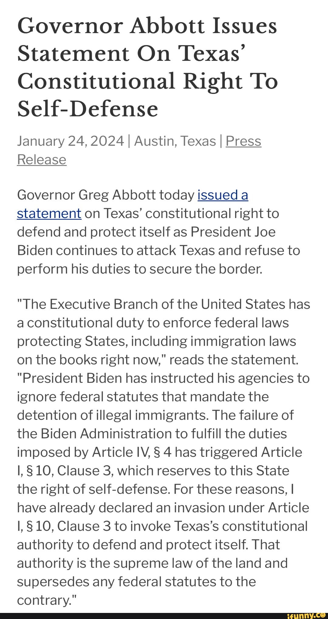 Governor Abbott Issues Statement On Texas Constitutional Right To Self Defense January 24 2024 0591