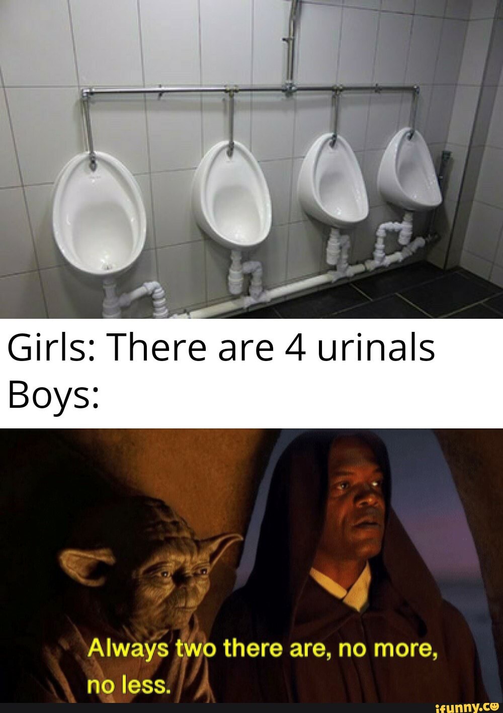 Girls: There are 4 urinals
Boys:
Always two there are, no more,
no less.