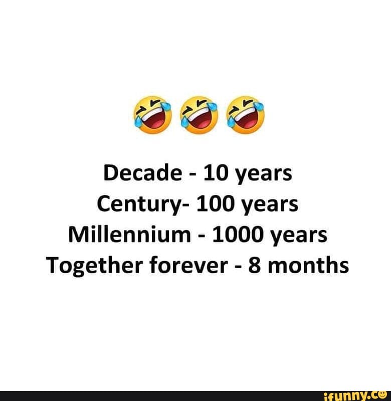 Decade - 10 years
Century- 100 years
Millennium - 1000 years
Together forever - 8 months