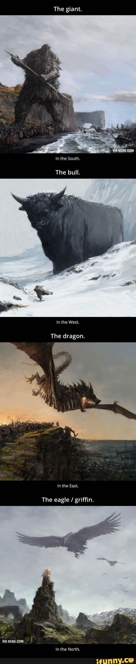 Frastøde med uret Tulipaner The giant. In the South. The bull. In the West. The dragon. In the East. The  eagle / griffin. VIA 9GAG.COM. In the North. - )