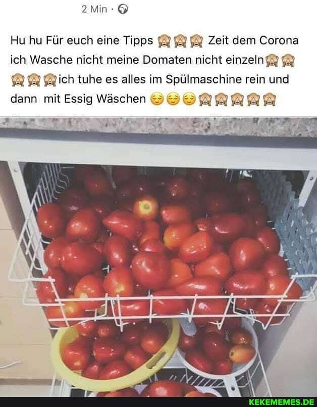 2Min
Hu hu Für euch eine Tipps Zeit dem Corona ich Wasche nicht meine Domaten nicht einzeln
Mich tuhe es alles im Spülmaschine rein und dann mit Essig Wäschen &
AN