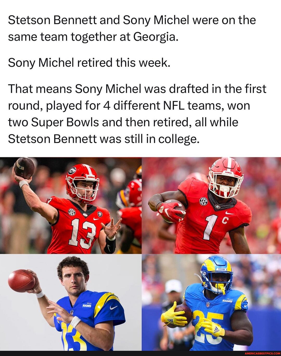 Stetson Bennett college timeline: Sony Michel's retirement puts old Rams  rookie's age in perspective