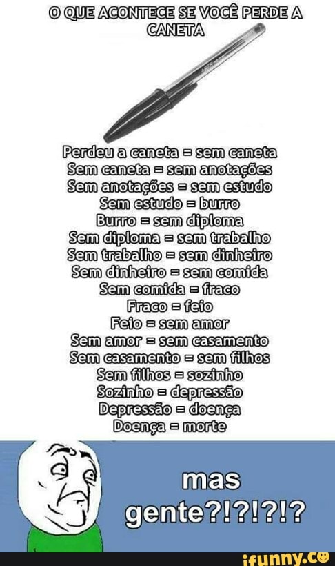 O QUE ACONTECE SE VOCÊ PERDE A
CANETA
Perdeu a caneta s sem cometa
Sem caneta = sam anotações
Sem amotações = sem estudo
Sem estudo = burro
Burro = sam diploma
Sem diploma = sem trabalho
Sem trabalho = som dinheiro
Sem dinheiro = sem comícda
Sem comich = fraco
Frage =
fala
Feio = sem amor
Sem amor = sem casamento
Sem casamento = sam filhos
Sem filhos =
sozinho
Sozinho =
depressão
Depressão =
doença
Deanga =
marke