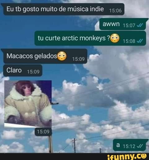 Eu tb gosto muito de música indie
tu curte arctic monkeys
Macacos geladosO
Claro
