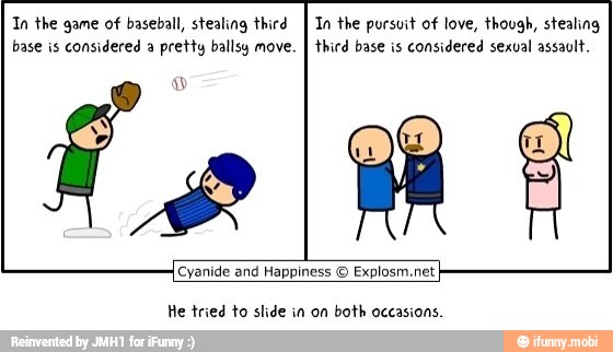 In the game of baseball, stealing third
I In the pursuit of love, though, stealing
base is considered a
pretty ballsy move.
I third base is considered sexval assault.
o
Cyanide and Happiness © Explosi
He tried to slide in on both occasions.