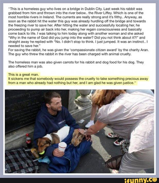 This is a homeless guy who lives on a bridge in Dublin City. Last week his rabbit was grabbed from him and thrown into the river below. .the River Litfey. Which is one of the most horrible rivers in Iretand. The currents are really strong and it's filthy... Anyway, as soon as the rabbit hit the water this guy was already hurdling off the bridge and towards the freezing river to save her. After hitting the water and successtully locating her, he proceeding to pump air back into her, making her regain consciousness and basically come back to life. ! was talking to him today along with another woman and she asked
"Why in the name of God did you jump into the water? Did you not think about it?!" and straight away he replied with "No. didn't stop to think. just jumped. It was an instinct..
needed to save her."
For saving the rabbit, he was given the 'compassionate citizen award" by the charity Aran.
The guy who threw the rabbit in the river has been charged with animal cruelty
The homeless man was also given carrots for his rabbit and dog food for his dog. They also offered him a job.
This is a great man.
It sickens me that somebody would possess the cruelty to take something precious away from a man who already had nothing but her, and am glad he was given justice