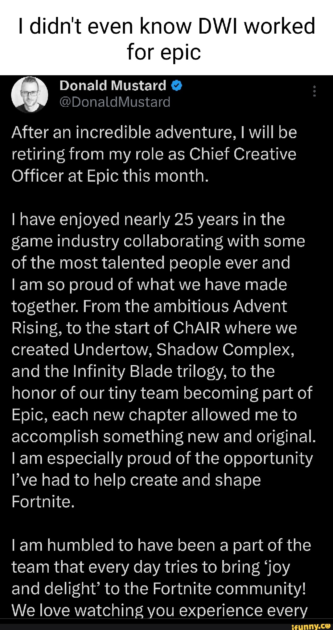 Epic Games Chief Creative Officer Donald Mustard retires