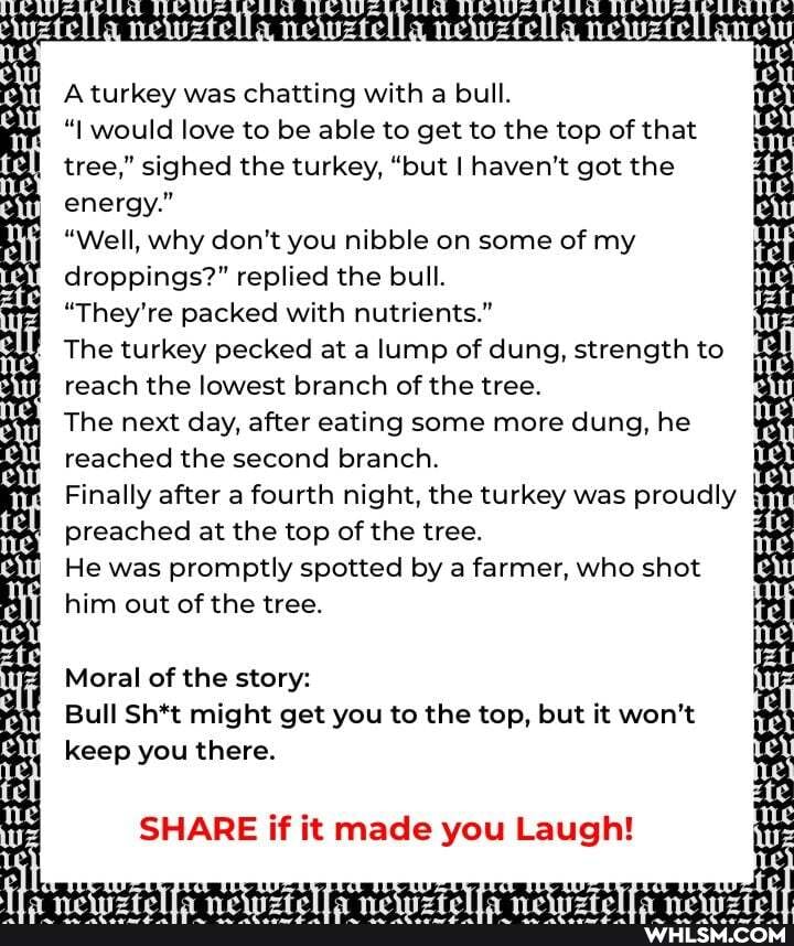 wztella newztella newztella newztella newzte
A turkey was chatting with a bull.
"I would love to be able to get to the top of that tree," sighed the turkey, "but I haven't got the te, energy."
"Well, why don't you nibble on some of my droppings?" replied the bull.
"They're packed with nutrients."
The turkey pecked at a lump of dung, strength to reach the lowest branch of the tree. W The next day, after eating some more dung, he reached the second branch.
Finally after a fourth night, the turkey was proudly te. preached at the top of the tree.
He was promptly spotted by a farmer, who shot in out of the tree. ATE him out of the tree. tel
Moral of the story:
Bull Sh*t might get you to the top, but it won't keep you there.
te
SHARE if it made you Laugh!
