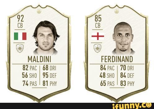 4 II
MALDINI
I
FERDINAND
82 PAC
I
68 DRI y
84 PAC I 70 DRI 7
56 SHO
I
95 DEF 48 SHO
I
84 DEF
74 PAS
I
81
81 PHY 65 PAS
I
83
83 PHY