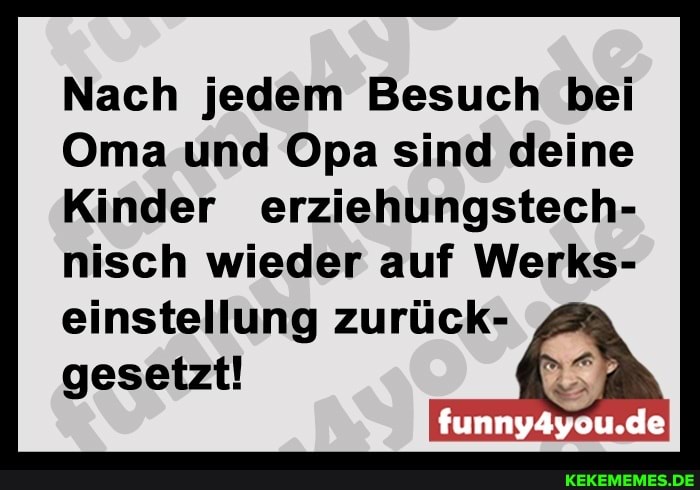 Nach jedem Besuch bei
Oma und Opa sind deine
Kinder erziehungstech- nisch wieder auf Werks-
einstellung zurück- gesetzt!
funny4you.de