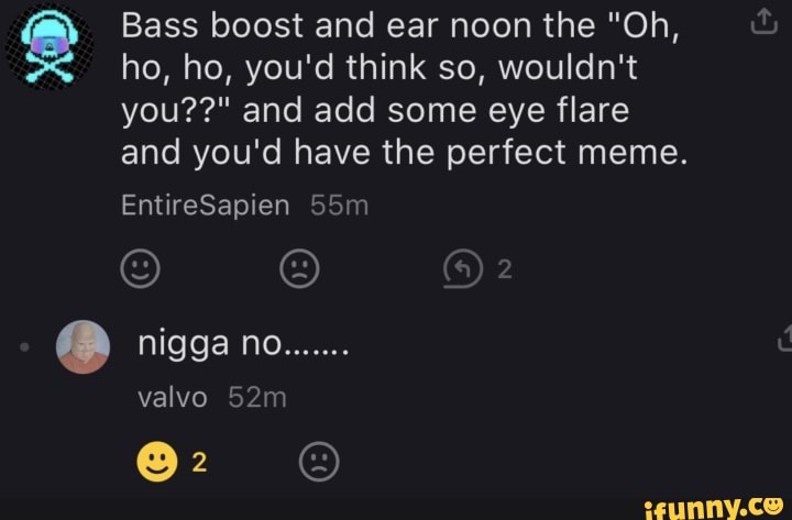 Bass Boost And Ear Noon The Oh Ho Ho You D Think So Wouldn T You And Add Some Eye Flare And You D Have The Perfect Meme Entiresapien Nigga No Valvo