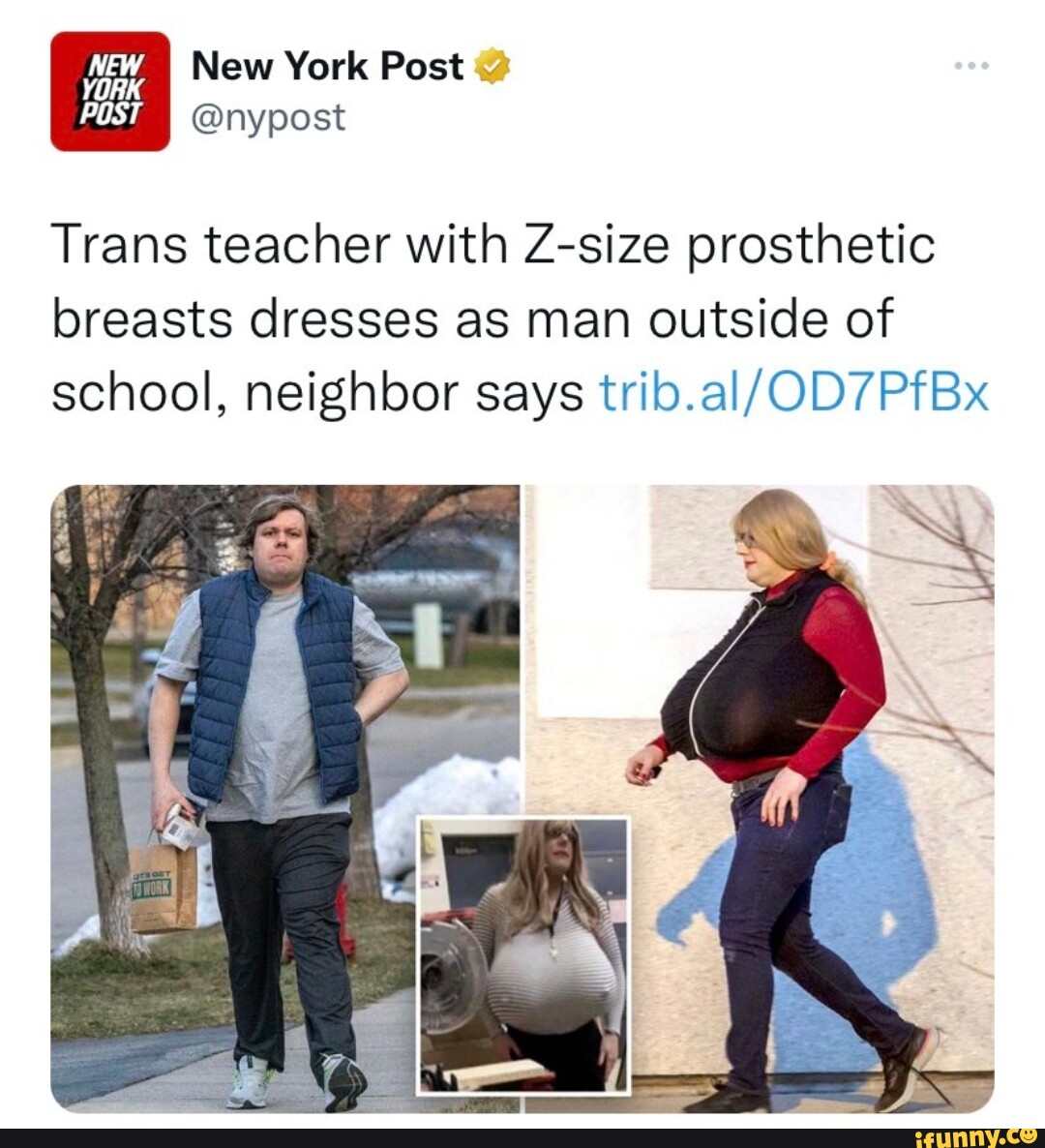 New York Post Post Trans Teacher With Z Size Prosthetic Breasts Dresses As Man Outside Of School 