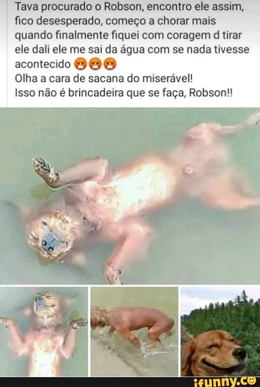 Tava procurado o Robson, encontro ele assim,
fico desesperado, começo a chorar mais
quando finalmente fiquei com coragem d tirar
ele dali ele me sai da água com se nada tivesse
acontecido Olha a cara de sacana do miserável!
Isso não é brincadeira que se faça, Robson!!