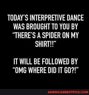 TODAY'S INTERPRETIVE DANCE WAS BROUGHT TO YOU BY
"THERE'S A SPIDER ON MY
SHIRT!!"
IT WILL BE FOLLOWED BY
"OMG WHERE DID IT
